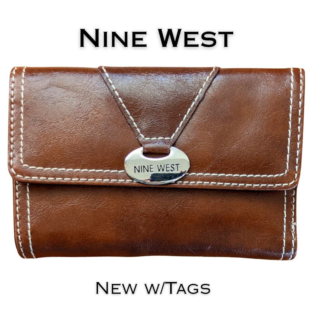 Nine West Trifold Organizer Wallet Mahogany Brown Faux Leather Silver Logo NEW